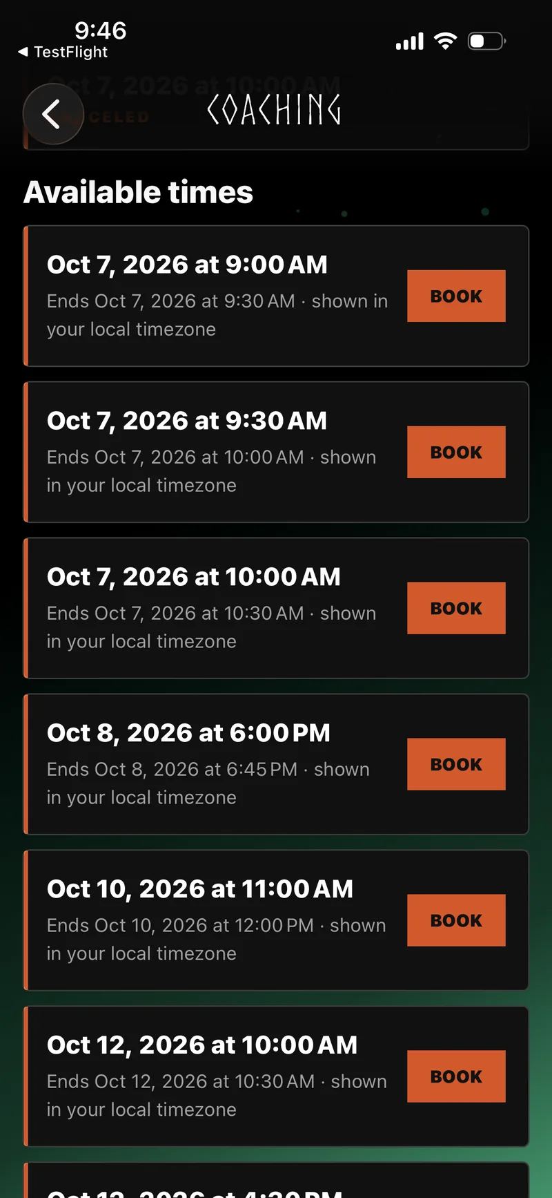 Row Forge Coaching app showing available coach check-in times and booking buttons in the athlete’s local time zone