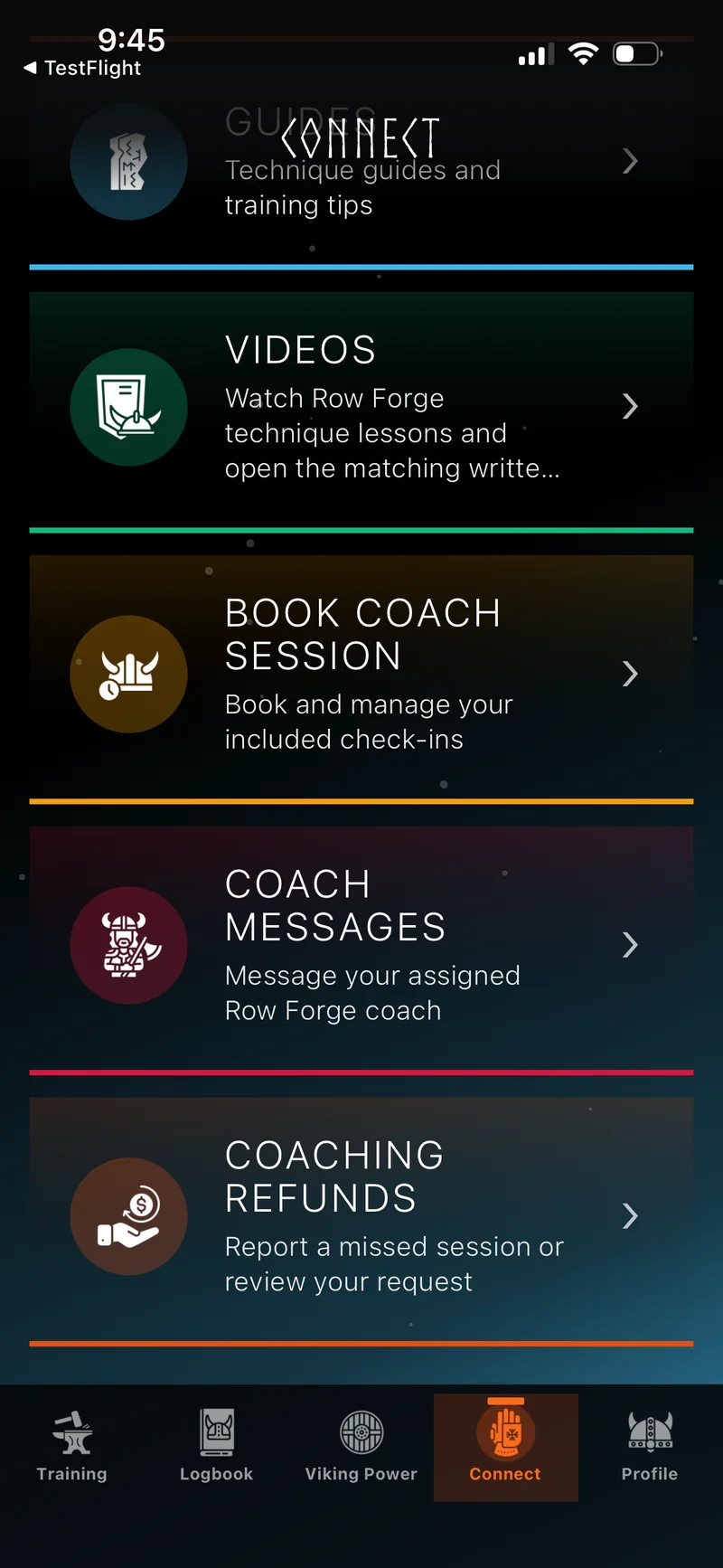 Row Forge Coaching Connect screen with coach session booking, Full Coaching messages, and coaching refund requests