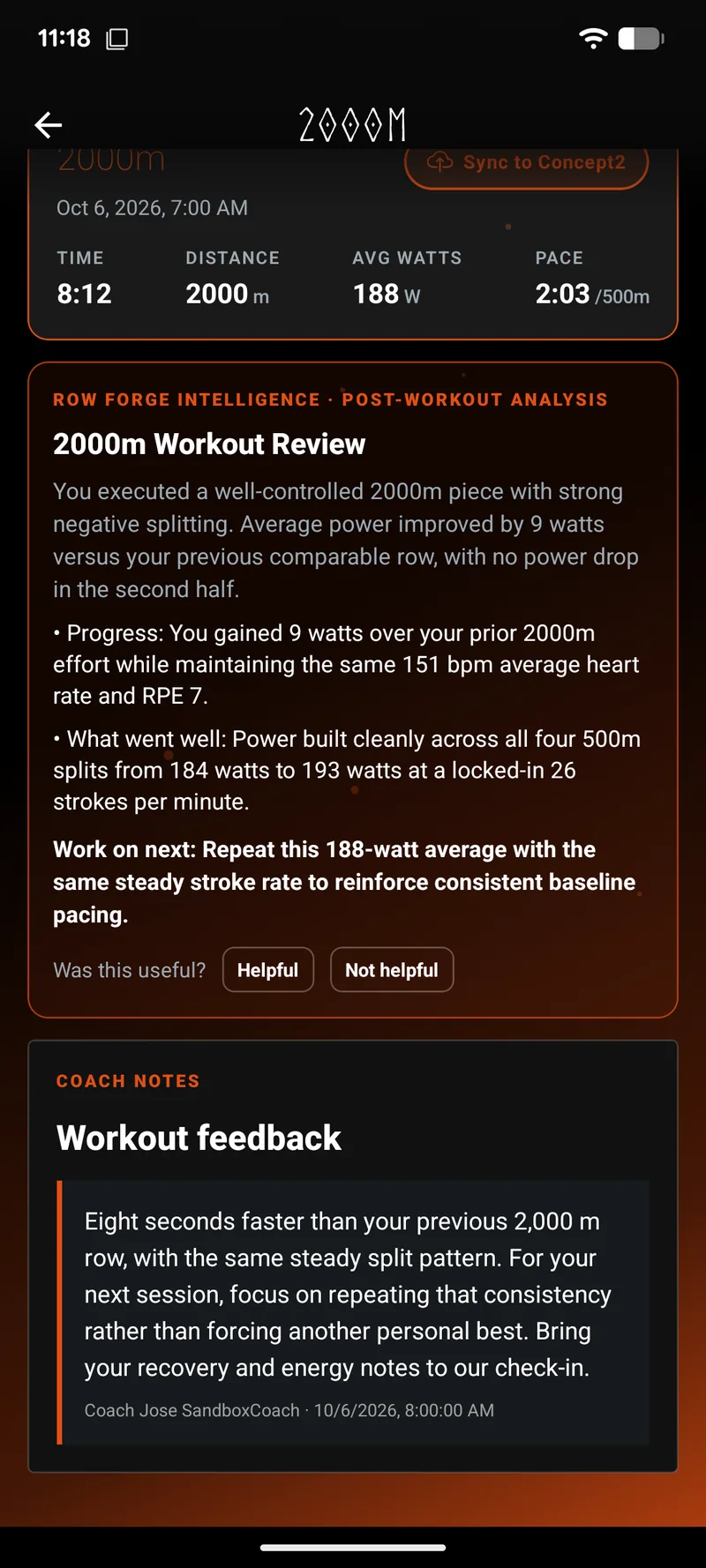 Row Forge Full Coaching workout log with a 2000m result, Intelligence analysis, and an example coach comment about pacing and recovery