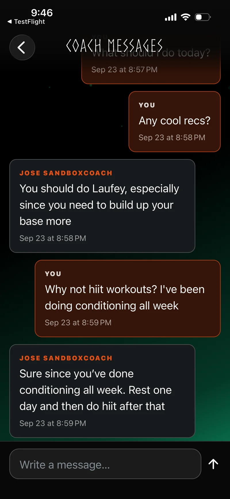 Row Forge Full Coaching direct in-app messages between an athlete and their assigned coach about training and recovery