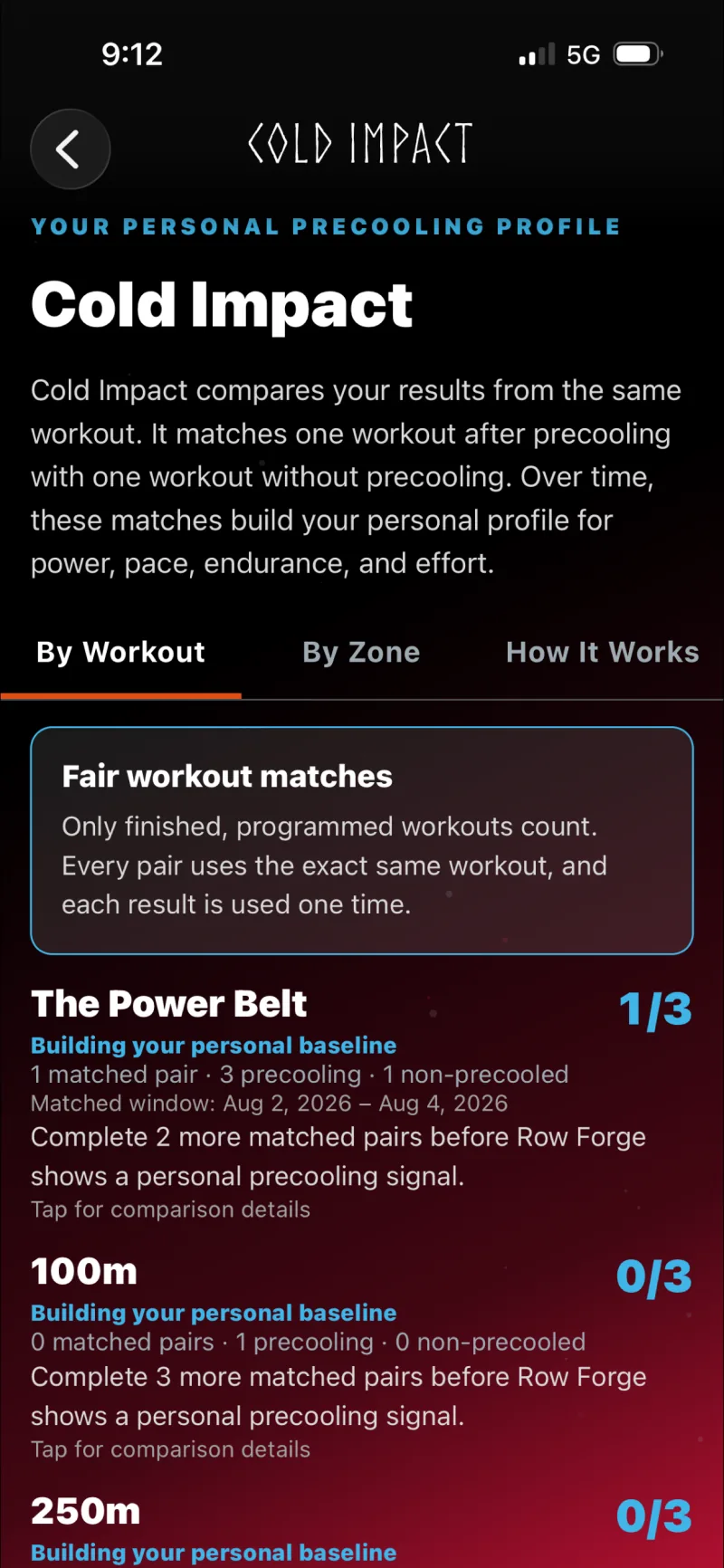 Cold Impact workout profile and paired results in the Row Forge iPhone app