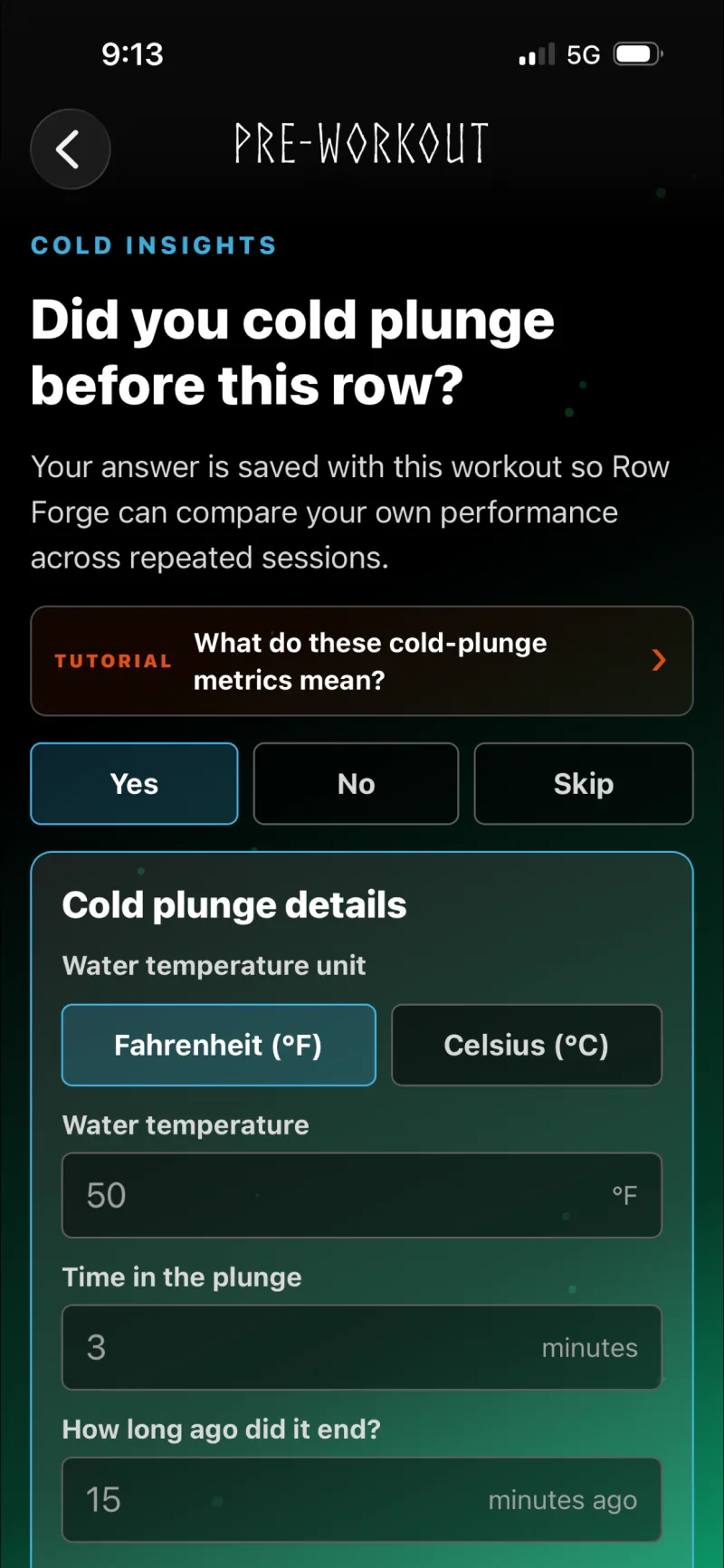 Row Forge pre-workout check-in screen before starting a session