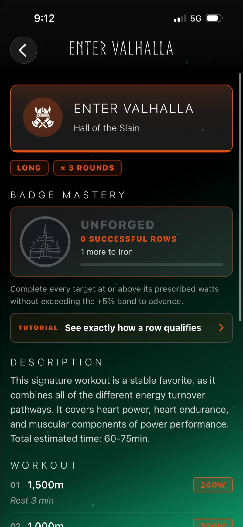 Row Forge signature workout details with workout target and badge