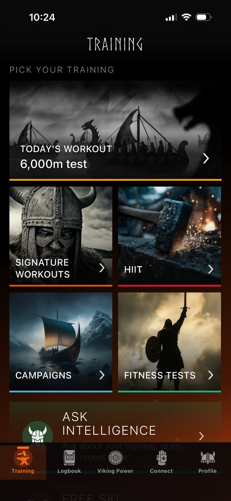 Row Forge iPhone training screen with today's workout, signature workouts, HIIT, campaigns, and fitness tests