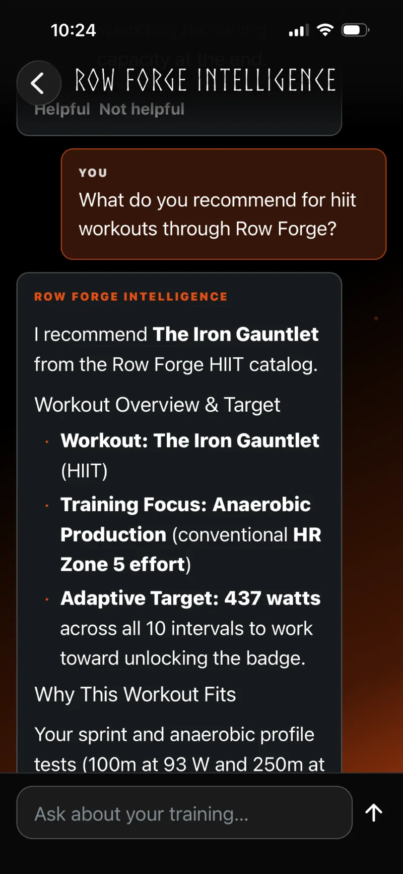 Row Forge Intelligence chat recommending a workout and explaining the recommendation